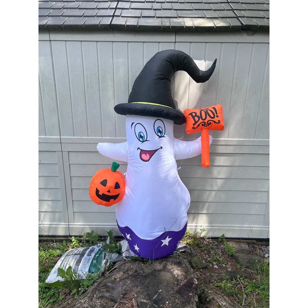 Halloween Inflatable Ghost with Witch Hat Pumpkin and Boo Sign 5 Feet Tall